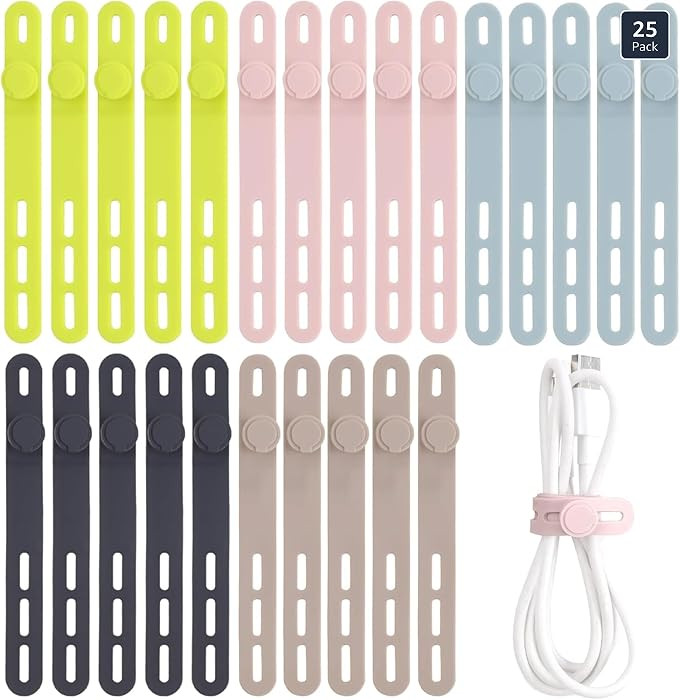 Oligei 25 Pcs Silicone Cable Ties, Cable Ties Reusable, High Elasticity Cord Wraps for Electrical... | Amazon (US)