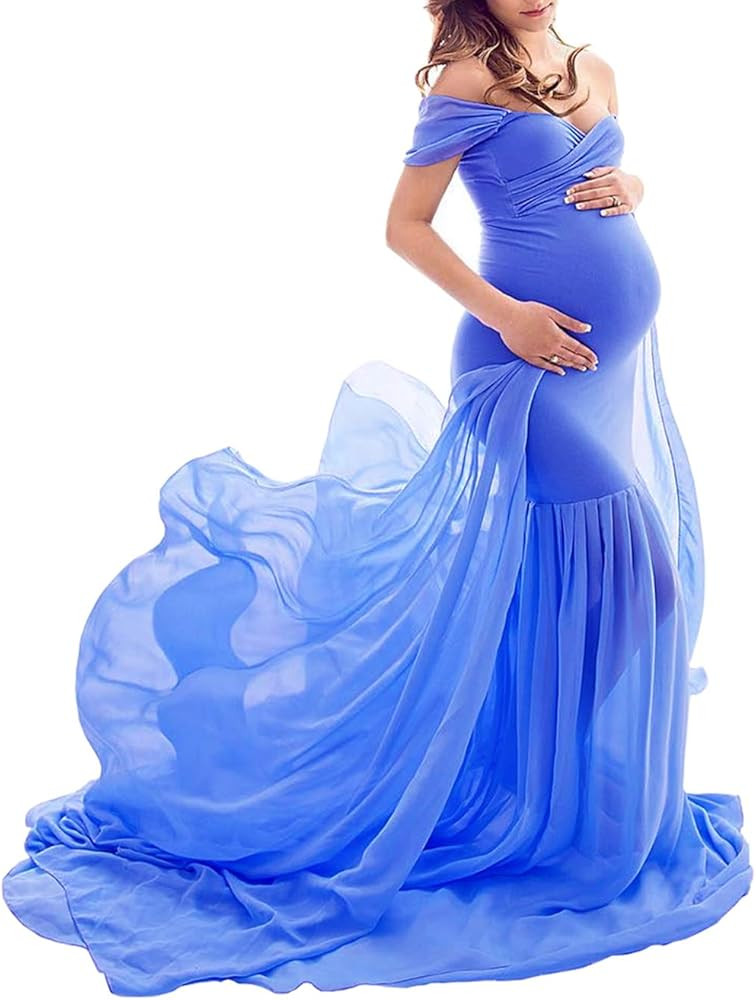 ZIUMUDY Maternity Chiffon Mermaid Gown Off Shoulder Dropped Sleeve Fitted Photo Shoot Photography... | Amazon (US)