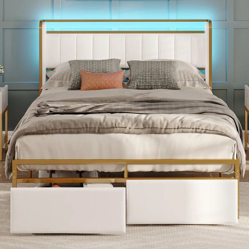 Mercer41 Omartin 45.4'' Bed Frame Twin Size with Armrests Headboard & RGB Light, Upholstered Twin... | Wayfair North America
