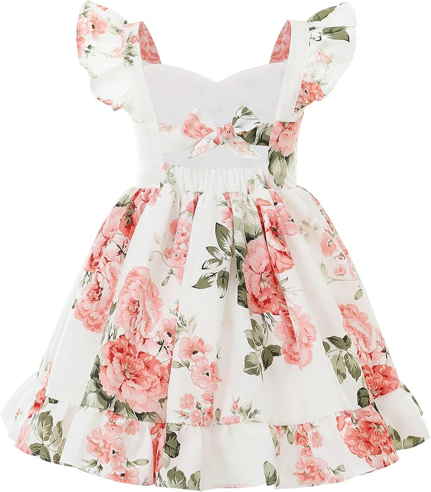 Flofallzique Summer Girls Floral Dress Ruffle Sleeve Tie Back Vintage Toddler Birthday Tea Party ... | Amazon (US)