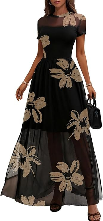 Dokotoo Womens Summer Floral Print High Waist Mesh Maxi Dresses Flowy Slit Elegant Casual Boho Dr... | Amazon (US)