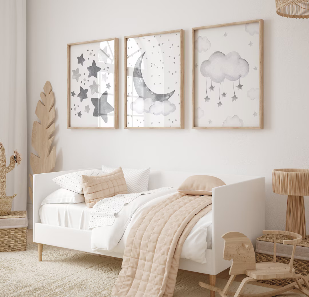 Gray Nursery Wall Art, Grey Nursery Decor, Moon and Stars Nursery, Gender Neutral Baby Room Decor... | Etsy (US)