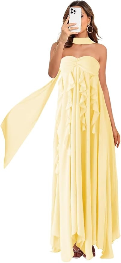 Clothfun Women's Sweetheart Bridesmaid Dresses Long Ruffle Formal Party Dress with Scarf CY251 | Amazon (US)