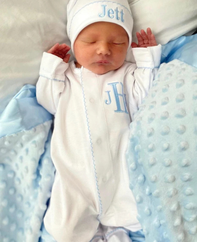 Baby boy coming home outfit, Monogrammed footie, Personalized Baby gift, Monogrammed sleeper, pim... | Etsy (US)