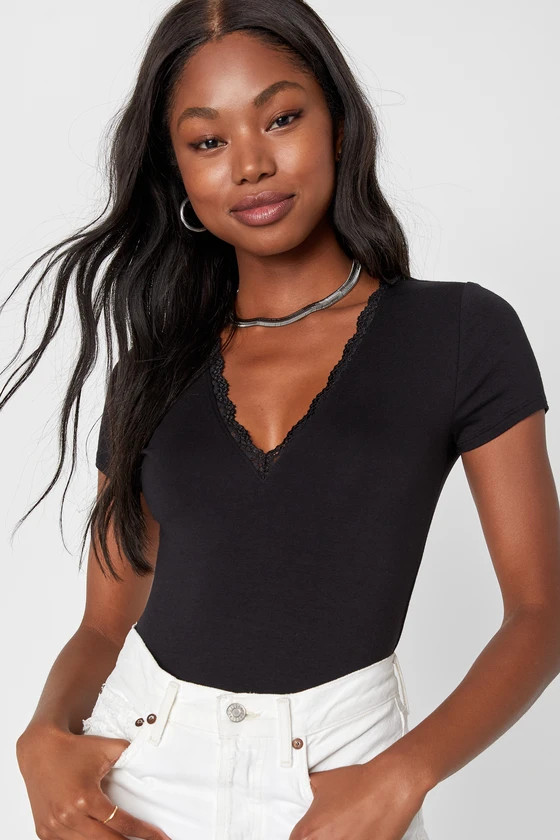 Completely Darling Black Lace V-Neck Bodysuit | Lulus (US)