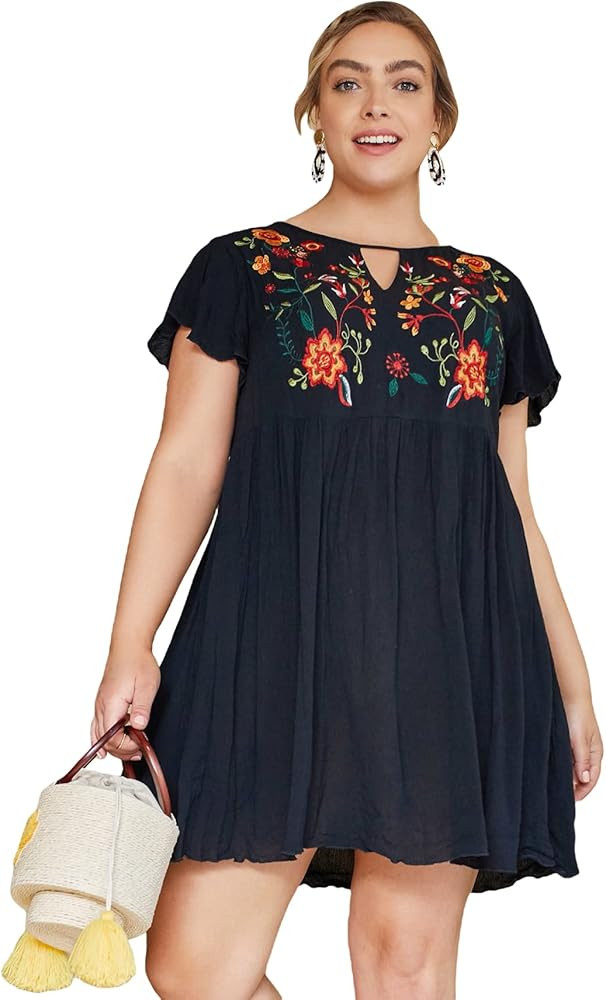 SOLY HUX Women's Plus Size Floral Embroidered Ruffle Cap Sleeve Keyhole Neck Swing Dress | Amazon (US)
