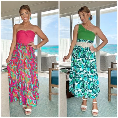 I purchased these two really fun skirts from Amazon for our trip to Turks and Caicos! I thought they both just screen Caribbean vacation. Styling them with an Amazon top and a Walmart top. Love the way these looks came together! Which do y’all like best?! They run TTS and I’m 5’2.

Amazon fashion. Amazon finds. LTK under 50. Caribbean vacation. Turks and Caicos. Midi skirt. 