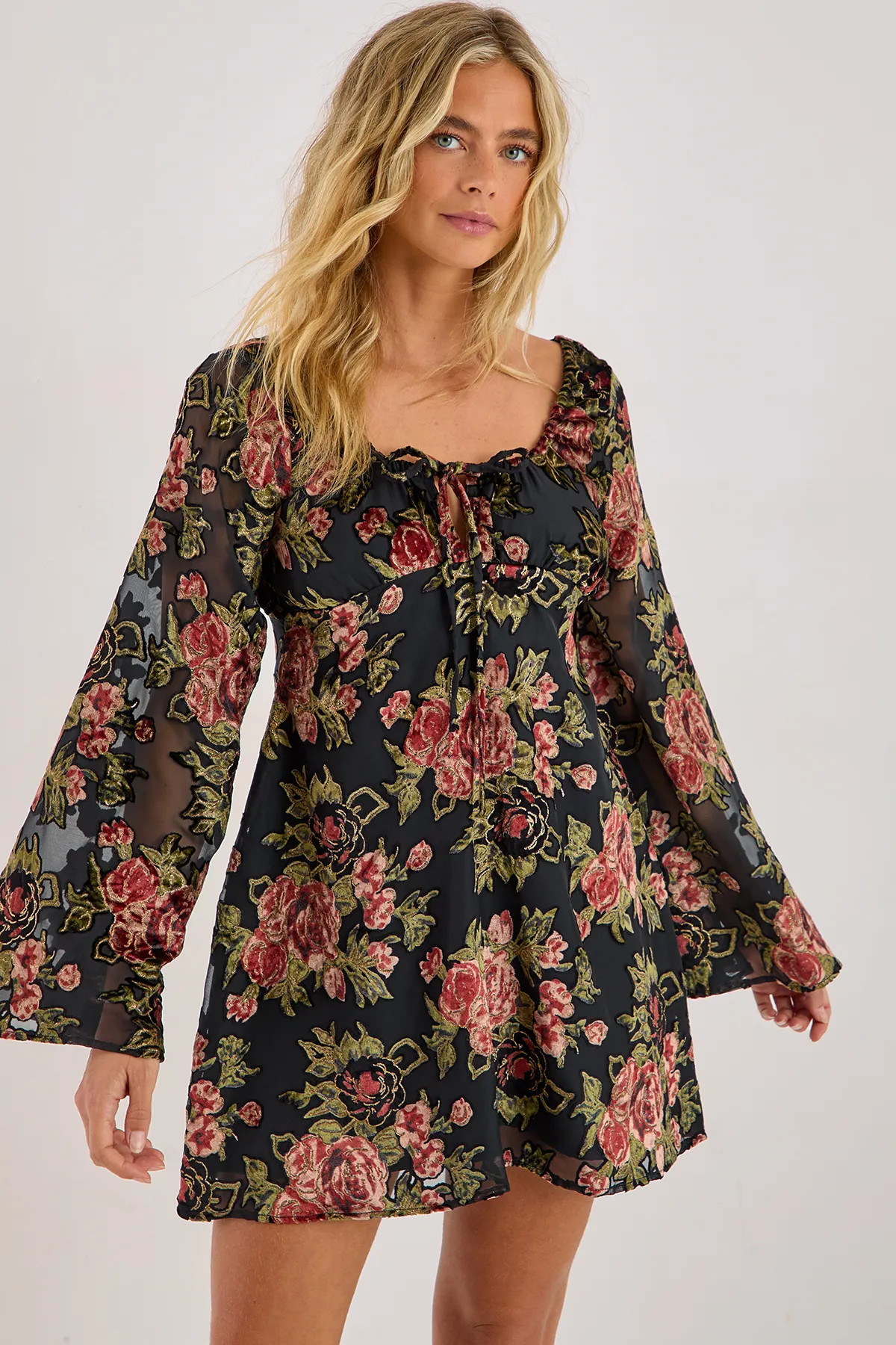 Dresses | Floral Devore Tie Front Fluted Sleeve Mini Dress | NastyGal | Nasty Gal US