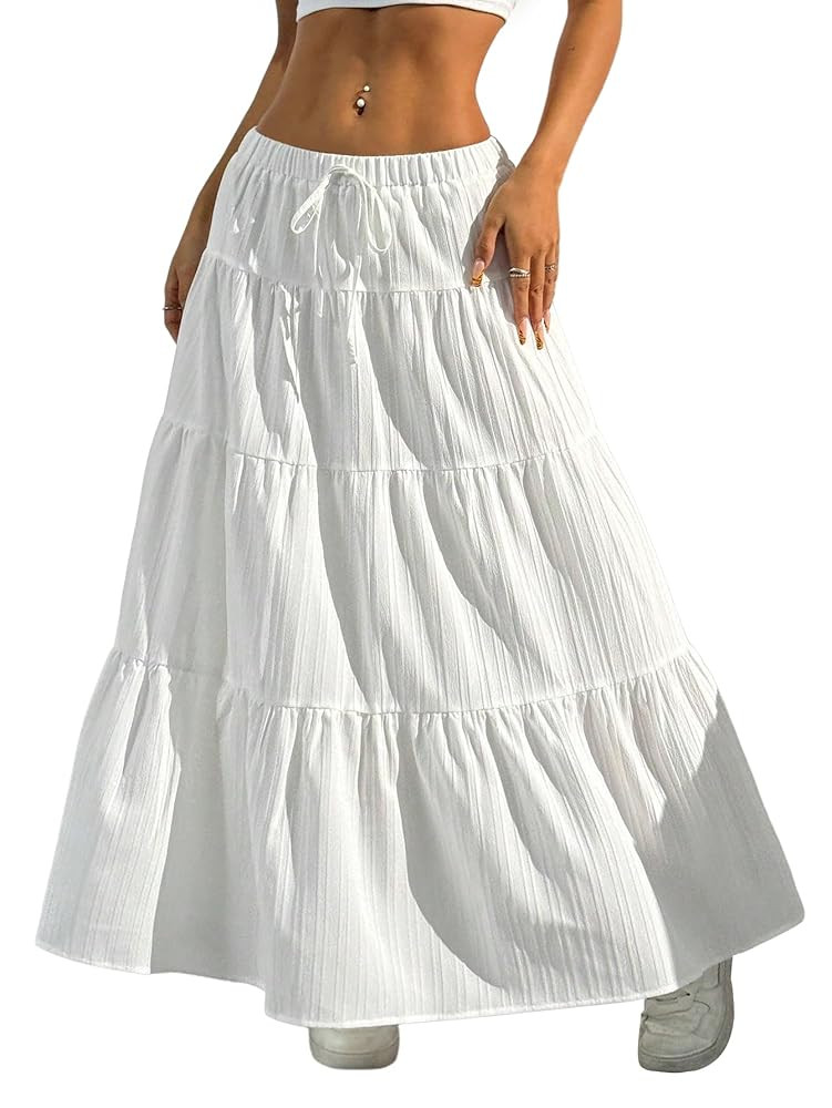 Verdusa Women's Boho Skirt Flowy Flared Ruffle Summer Long Maxi Skirts Going Out Outfits | Amazon (US)