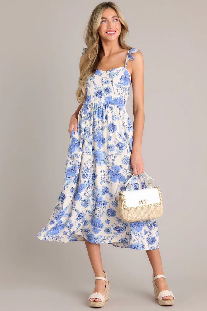 Blossoms Of Belief Ivory & Blue Floral Midi Dress | Red Dress