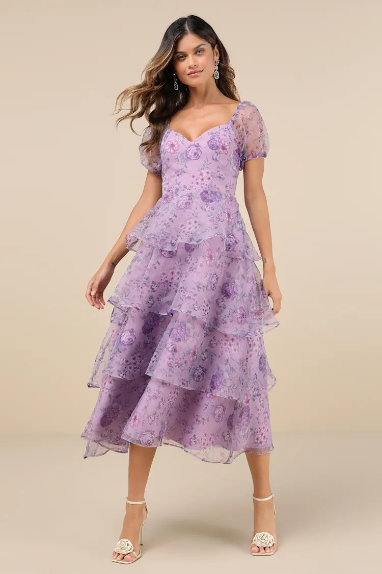 Oh-So Stunning Purple Floral Organza Tiered Midi Dress | Lulus