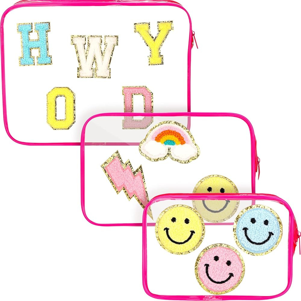 3 Pieces Preppy Patch Clear Cosmetic Bags Waterproof Clear Zipper Pouches Toiletry PVC and Nylon ... | Amazon (US)