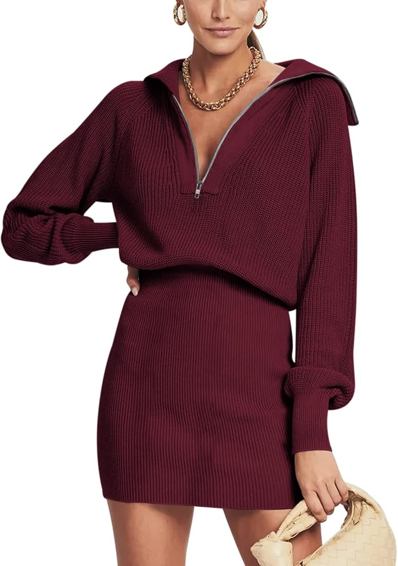 Women's Casual Long Sleeve Bodycon Sweater Dresses Fall Half Zip V Neck Slim Fit Ribbed Knitted M... | Amazon (US)