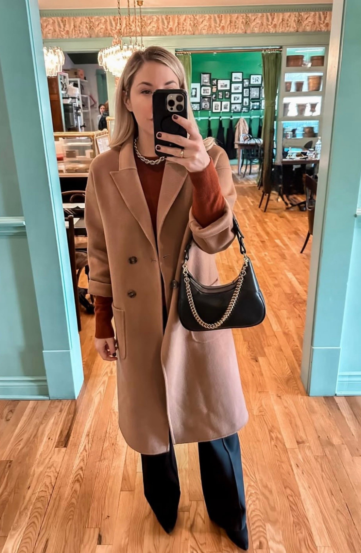 Camel coat
Tan coat
Black bag
Black pants 
Winter outfit

#LTKSeasonal