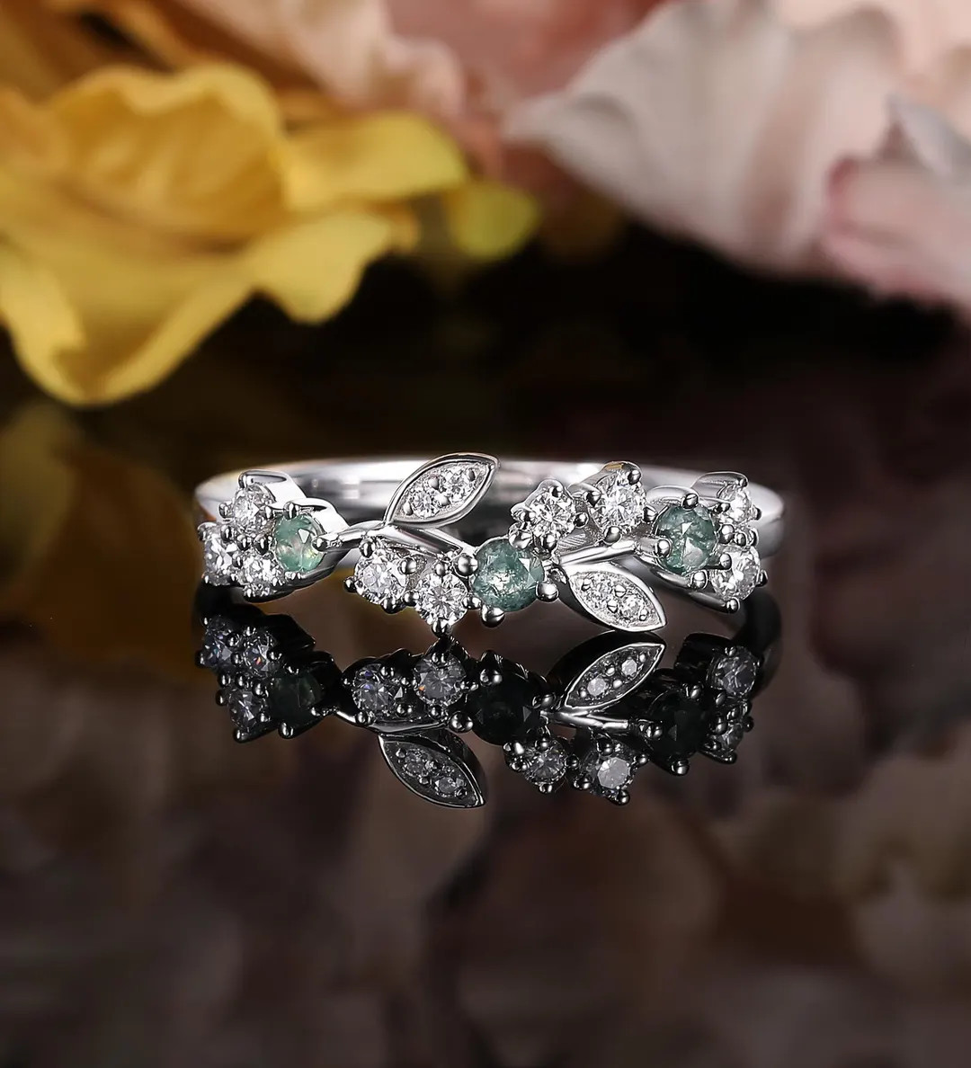 Unique Moss Agate Wedding Band Moissanite Leaf Curved Rose Gold Ring Promise Anniversary Gift for... | Etsy (US)