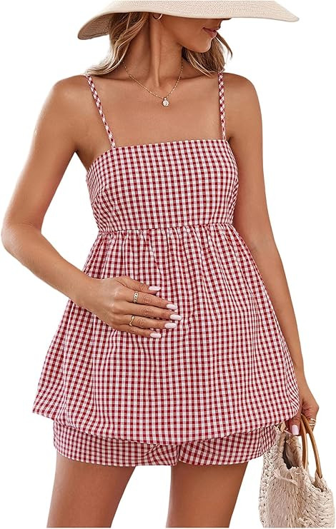SweatyRocks Women's Maternity 2 Piece Outfits Plaid Peplum Bubble Cami Top and Shorts Sets | Amazon (US)