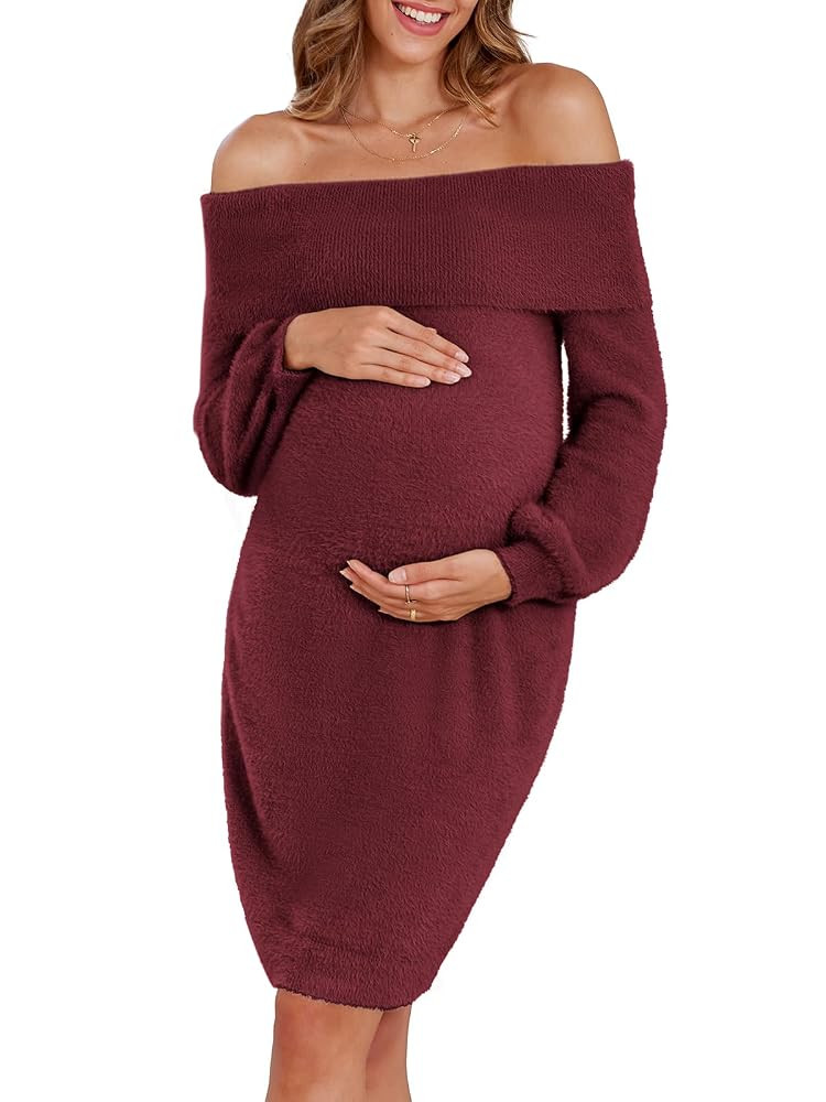 V FOR CITY Maternity Sweater Dress Off The Shoulder Long Sleeve Bodycon Mini Dresses for Baby Sho... | Amazon (US)