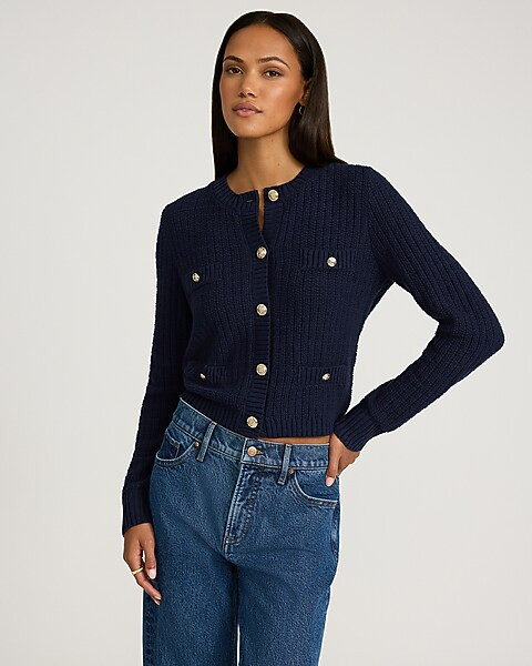 Textured Crew Neck Novelty Button Cardigan | Express