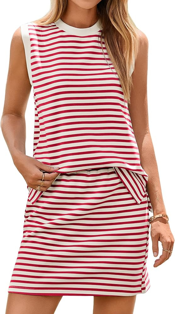 Glamaker Summer 2 Piece Short Skirt Sets For Women Striped Sleeveless Tennis Skorts Travel Vacati... | Amazon (US)