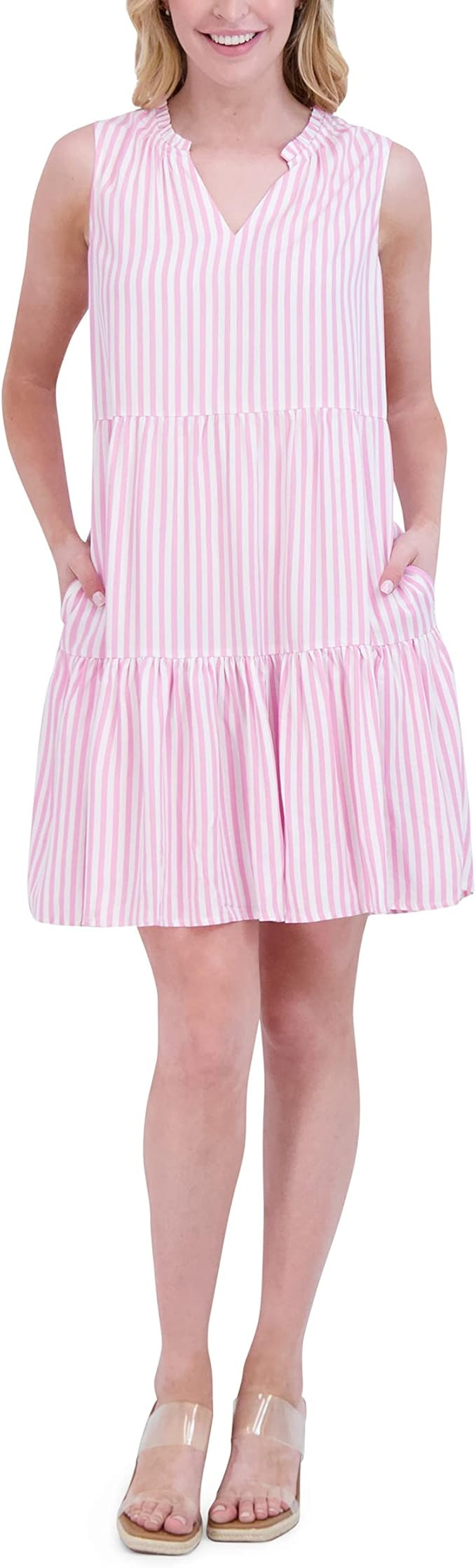 Stella Parker Women's Fit and Flare Dress Round Neck Tiered Ruffle Hem | Amazon (US)