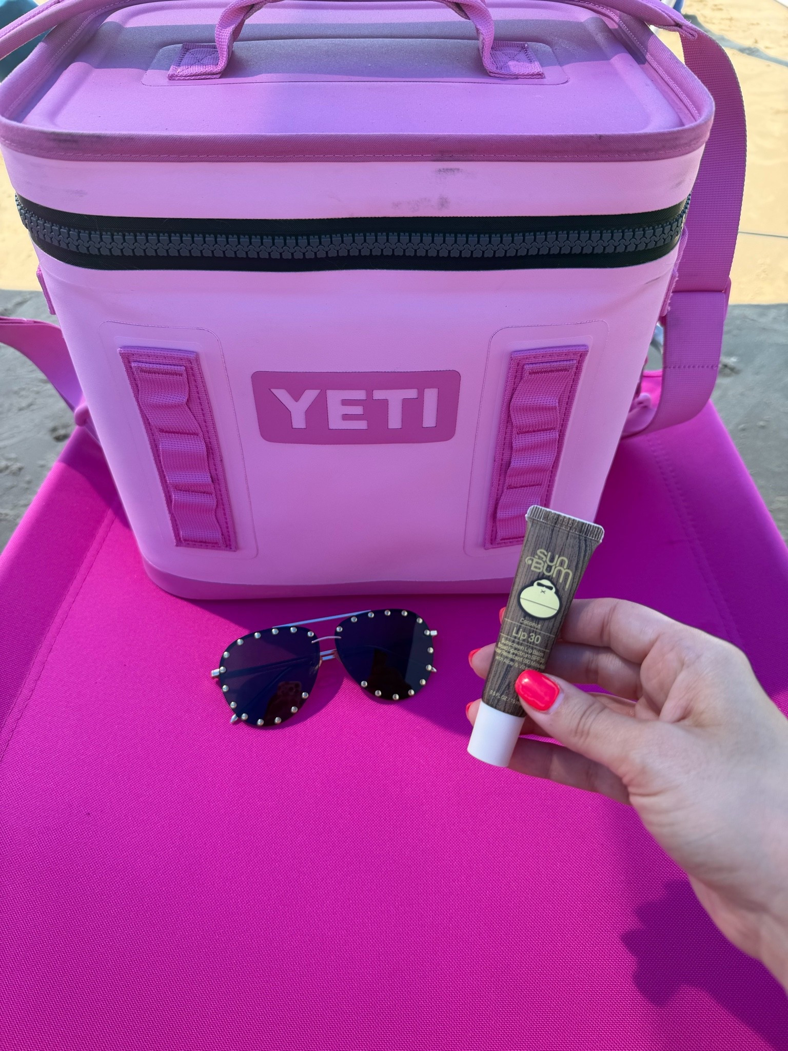 Lip sunscreen 
Sunglasses 
Yeti cooler 
Beach faves