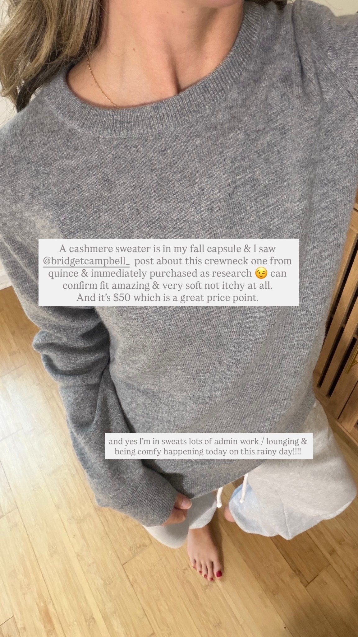 A cashmere sweater is in my fall capsule & I saw @bridgetcampbell_  post about this crewneck one from quince & immediately purchased as research 😉 can confirm fit amazing & very soft not itchy at all. 
And it’s $50 which is a great price point.

Wearing XS

#LTKootd #LTKPetite #LTKSeasonal