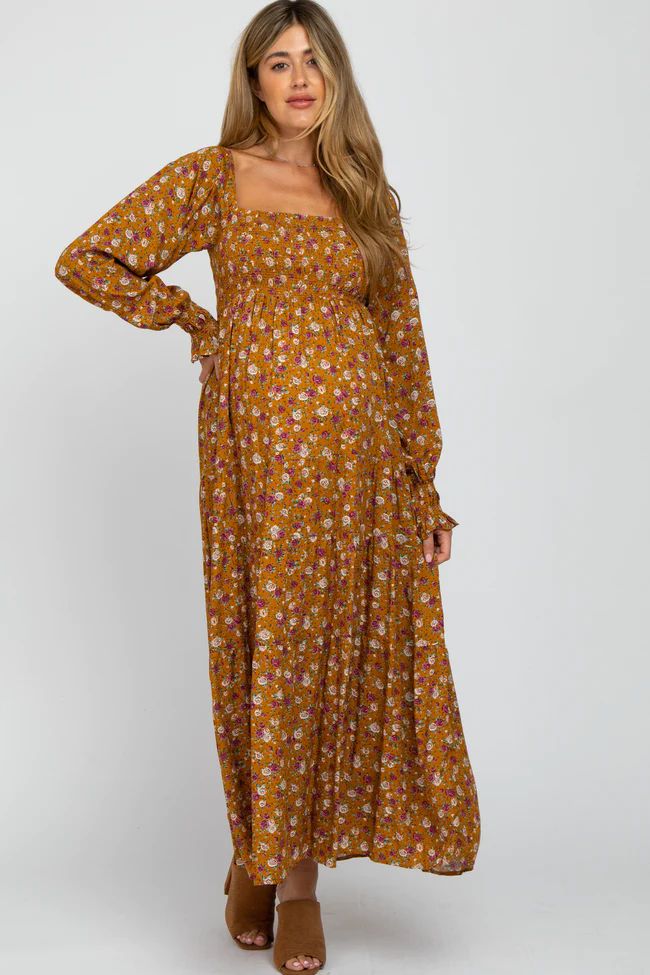 Mustard Floral Long Sleeve Smocked Maternity Maxi Dress | PinkBlush Maternity