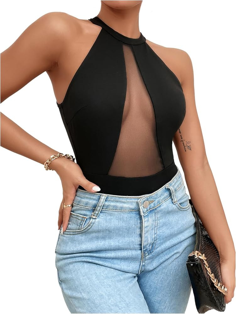 Amazon.com: Milumia Women's Halter Neck Sleeveless Sheer Mesh Bodysuit Mock Neck Cut Out See Thro... | Amazon (US)
