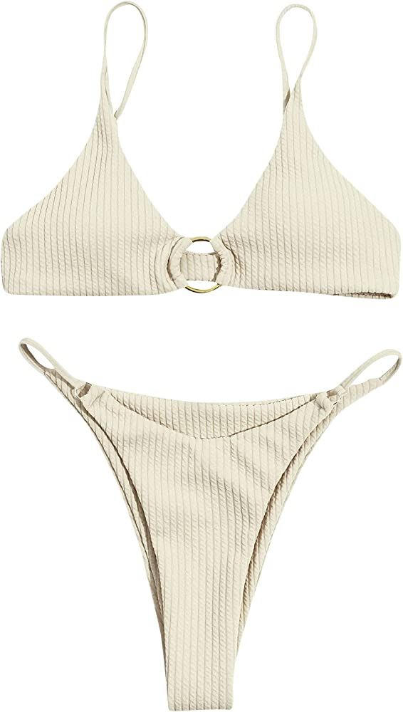 SheIn Women's Ribbed Ring Linked Thong Bikini Bathing Suits Two Piece Swimsuits | Amazon (US)