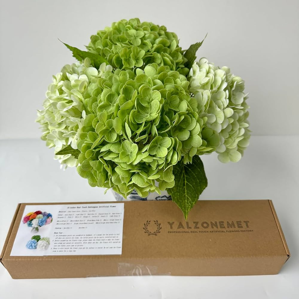 Hydrangea Artificial Flower Natural Lifelike Real 21inch Latex Long Stem 2 Light Green+2 Dark Gre... | Amazon (US)