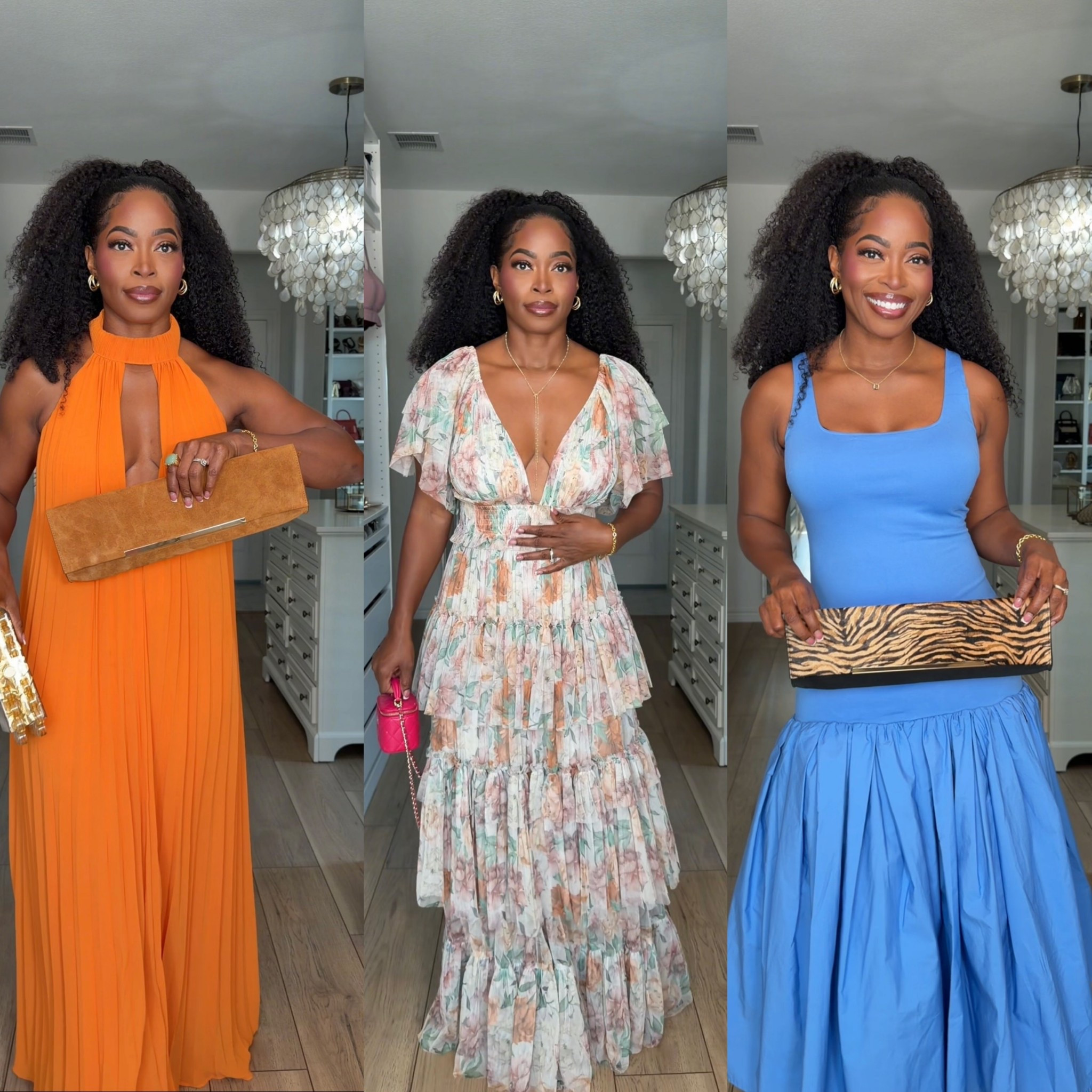 Shop these spring  wedding guest dresses 💐 For reference, I’m wearing a size 6 in the orange dress, size Medium in the blue dress and a size 8 in the last floral dress.

#LTKU #LTKootd #LTKWedding