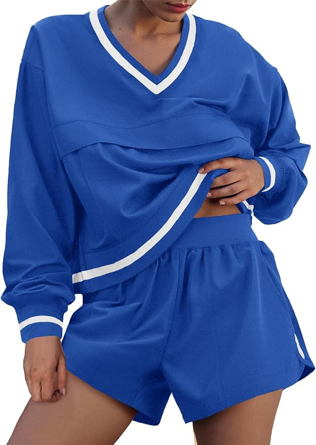 Fisoew Womens 2 Piece Outfits Long Sleeve V Neck Sweatshirt High Waist Running Shorts Sets Loose ... | Amazon (US)
