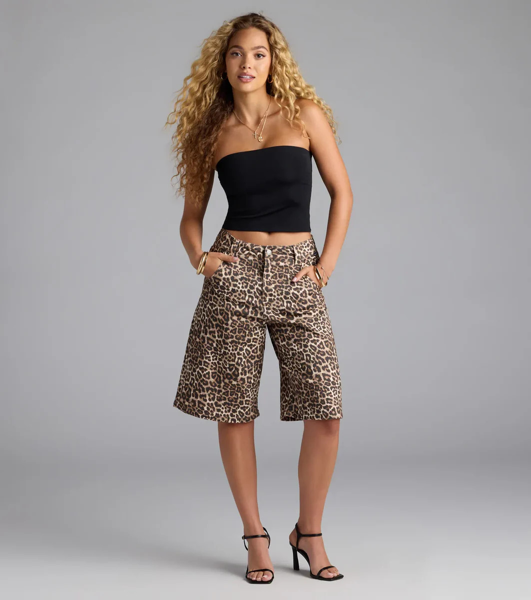 Running Wild Leopard Mid Rise Bermuda Denim Shorts | Windsor Stores