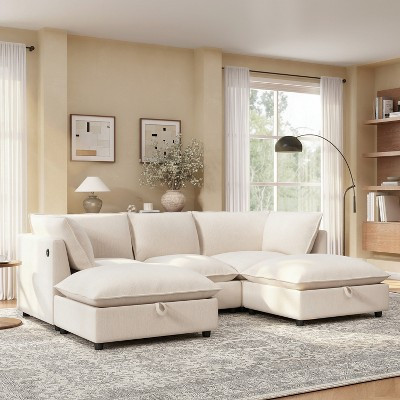 GDFStudio Carson Modern Chenille Modular Sectional Sofa U-Shaped Cloud Couch with Storage Ottoman and Charging Ports, Beige | Target