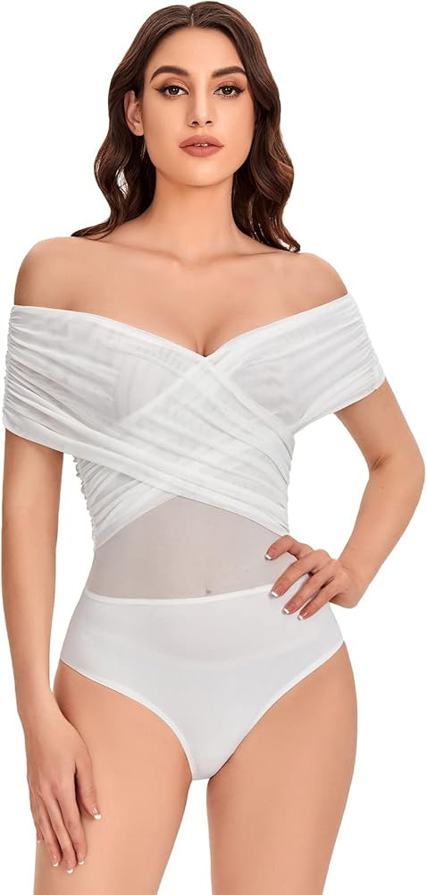 SOLY HUX Women's Criss Cross Sheer Mesh Wrap Off The Shoulder Skinny Elegant Bodysuit | Amazon (US)