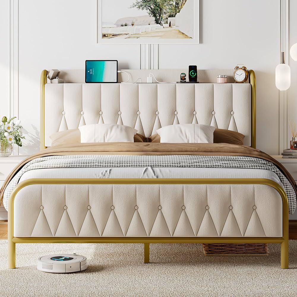 Feonase Queen Bed Frame with Type-C & USB Port, Metal Platform Beds, with Velvet Upholstered Head... | Amazon (US)