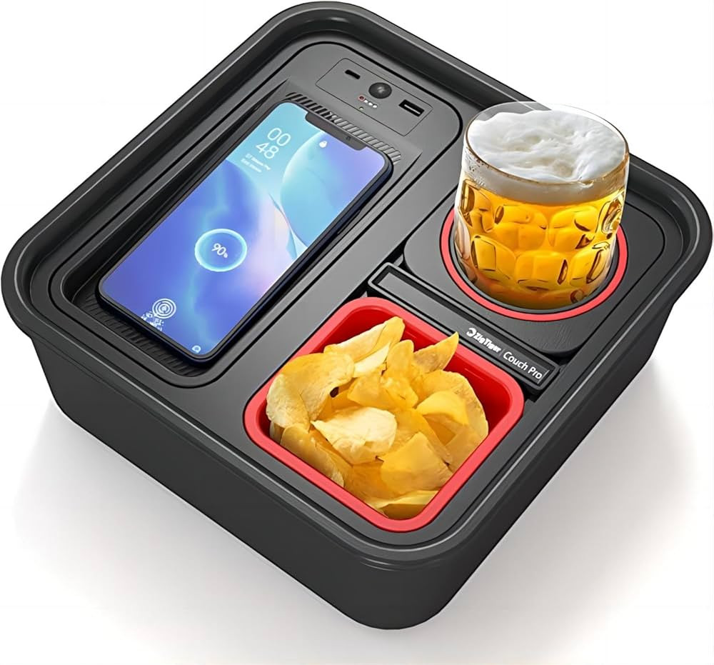 Zigtiger Cup Holder Tray, Couch Organizer with Wireless Power Bank & Snack Cup, Sofa Tray Couch C... | Amazon (US)