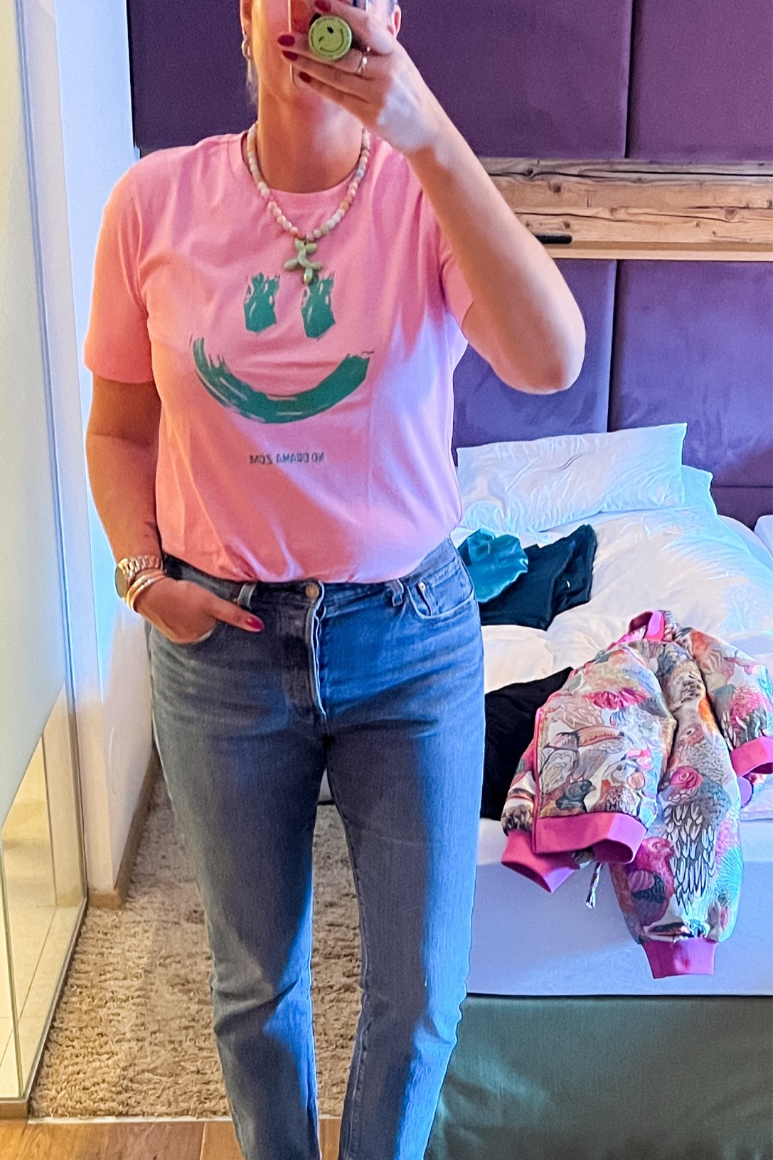 Ootd - Friday. Pink smiley t-shirt (old) paired with a balloon dog necklace, Levi’s 501 jeans, purple/burgundy loafers, Norah jacquard bomber jacket in the background. 



#LTKspring #LTKtravel #LTKeurope