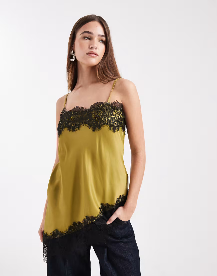 ASOS DESIGN satin lace trim asymmetric cami top in olive-Green | ASOS (Global)