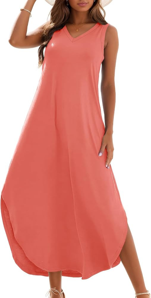 Zilcremo Women's Summer Casual Loose Sundress Long Dress Sleeveless V Neck Split Tshirt Maxi Dres... | Amazon (US)