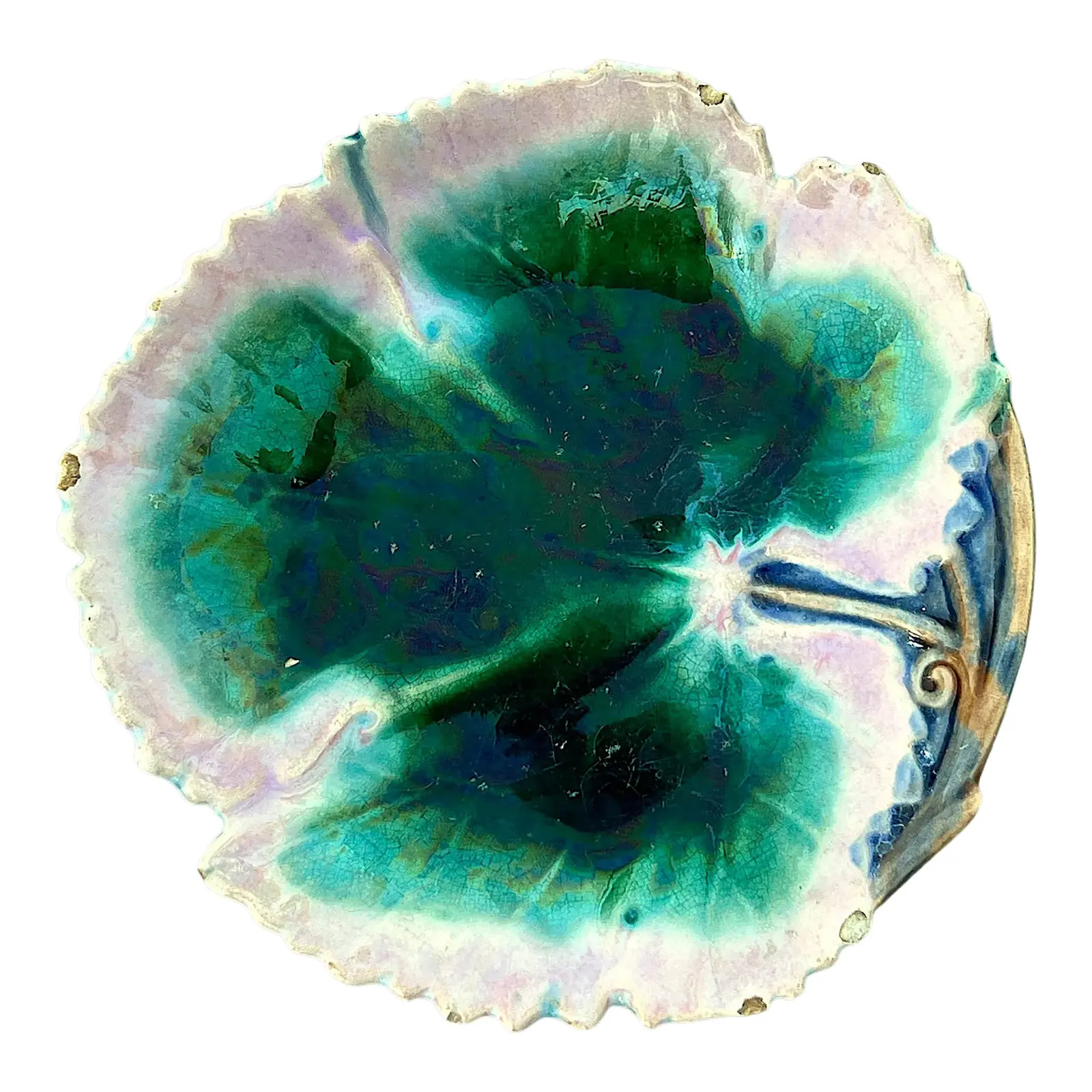 Antique 1880s Majolica Etruscan Griffin Smith and Hill Leaf Plate | Chairish