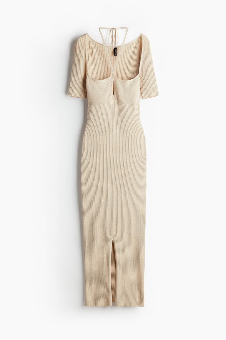 Rib-Knit Tie-Detail Dress - Halterneck - Short sleeve - Light beige melange - Ladies | H&M US | H&M (US + CA)
