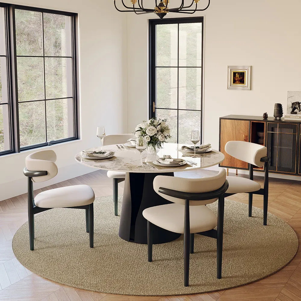 59" Vera Modern Round Dining Table, Sintered Stone Tabletop With Carbon Steel Pedestal Base for K... | Wayfair North America