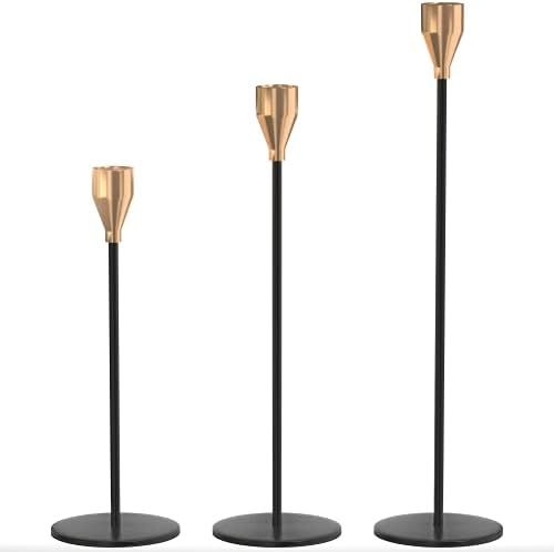Taper Candle Holders - Set of 3 Black Gold Candlestick Holder Fits 3/4 inch Candle Stick & LED Ca... | Amazon (US)