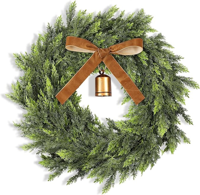 Dingion 26 Inch Real Touch Cedar Wreath Lush Artificial Christmas Wreaths for Front Door with Vel... | Amazon (US)