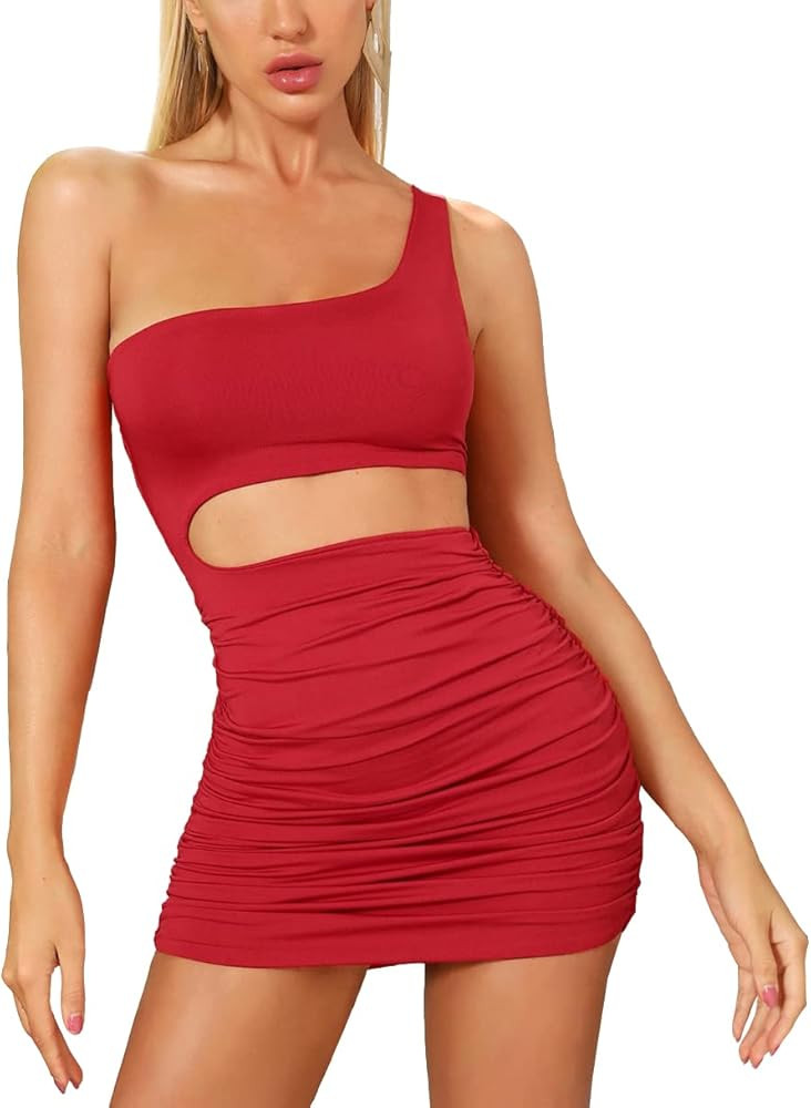 Women's Sexy One Shoulder Cut Out Ruched Cocktail Bodycon Mini Dresses | Amazon (US)