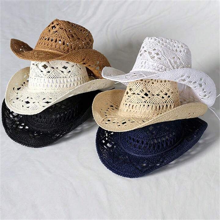 1pc Women\ Straw Woven Cowboy Hat With Shiny Western Style, Foldable Sun Hat With Wide Brim For H... | SHEIN