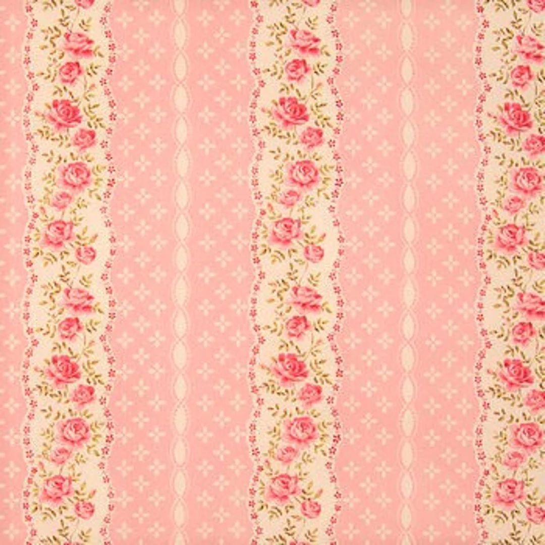 Peachy Pink and Cream Floral Striped Fabric Shabby Chic - Etsy | Etsy (US)