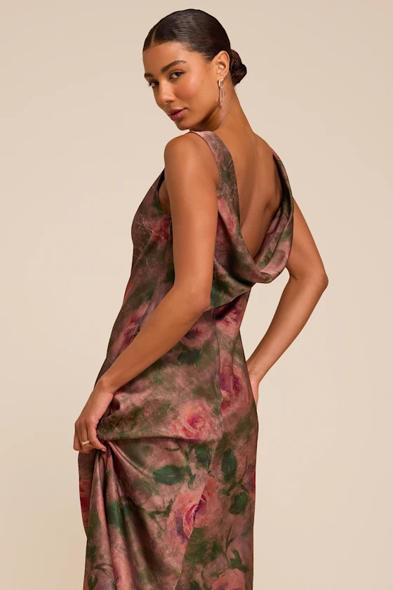 Bella Pink Floral Satin Cowl Maxi Dress | Lulus