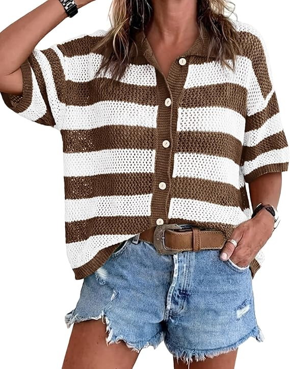 Cicy Bell Womens Summer Striped Crochet Cardigan Sweater Half Sleeve Button up Tops Loose Fit Cov... | Amazon (US)